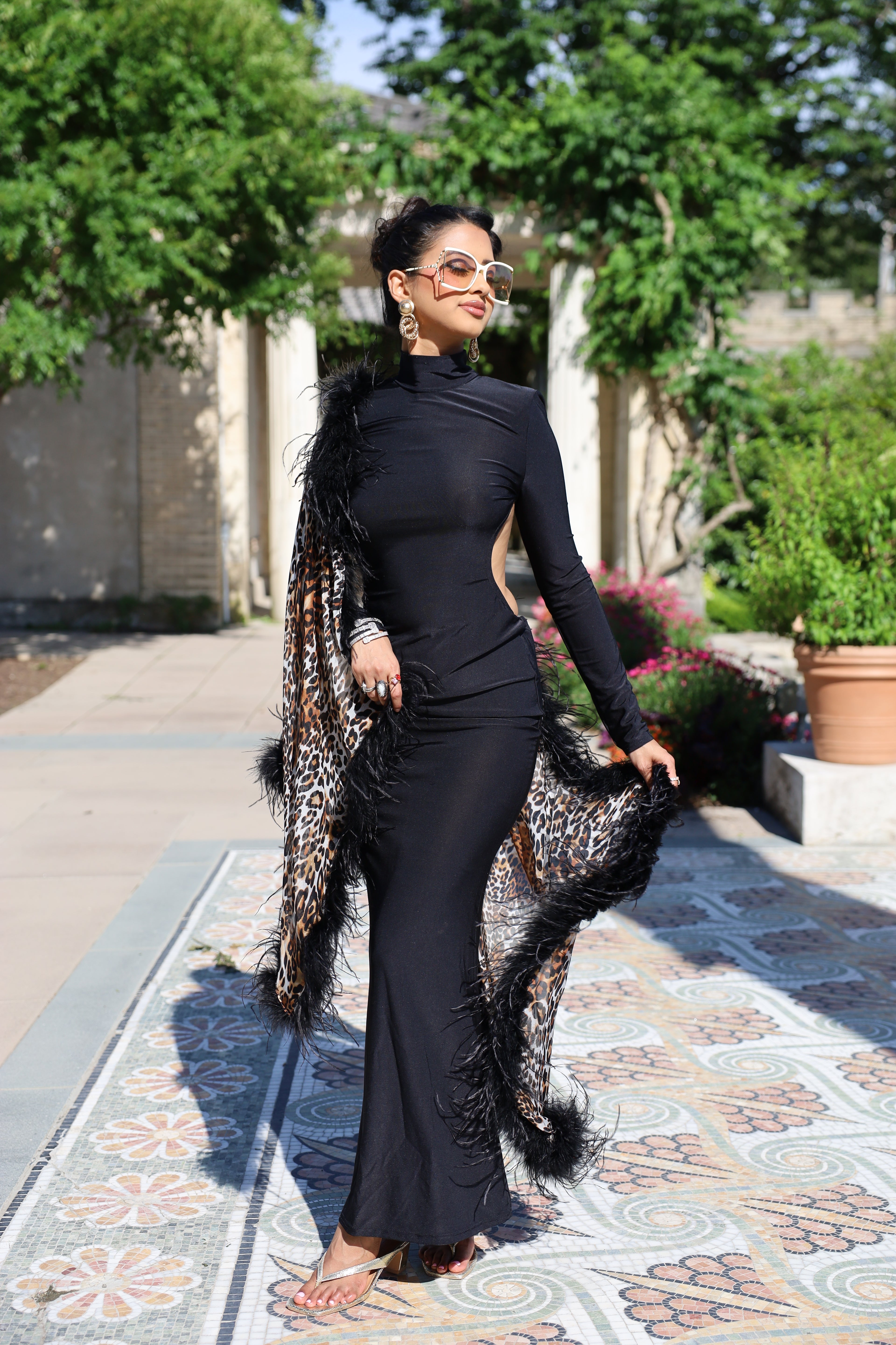 Unique sheer silk leopard print shawl with XL ostrich feathers
