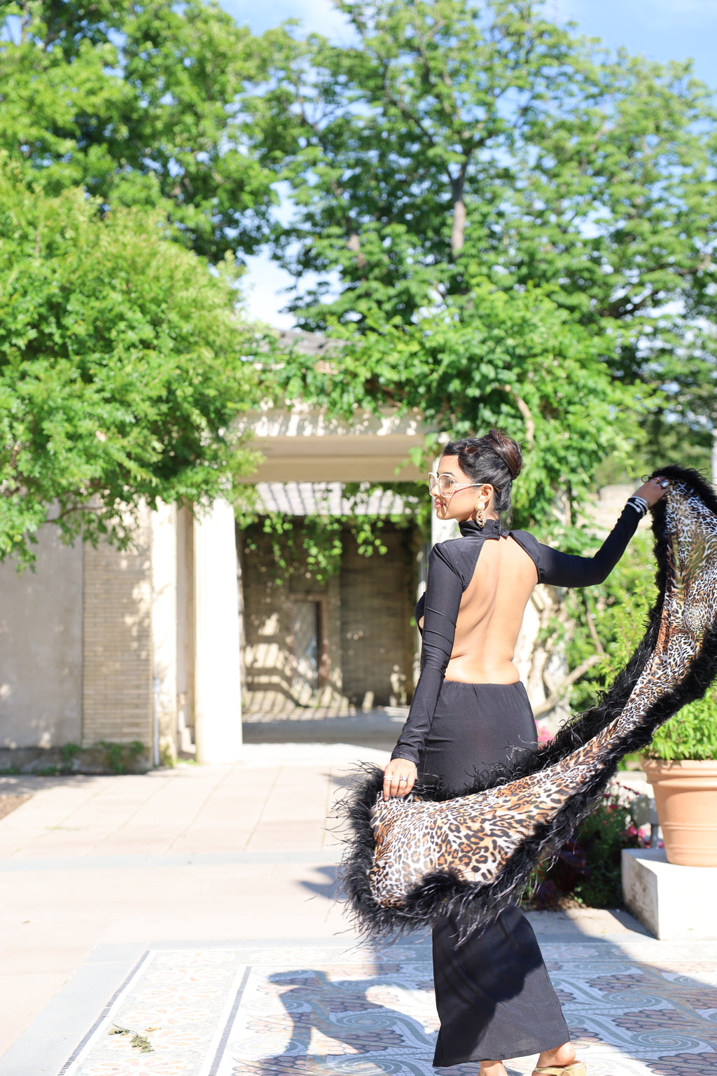 Unique sheer silk leopard print shawl with XL ostrich feathers