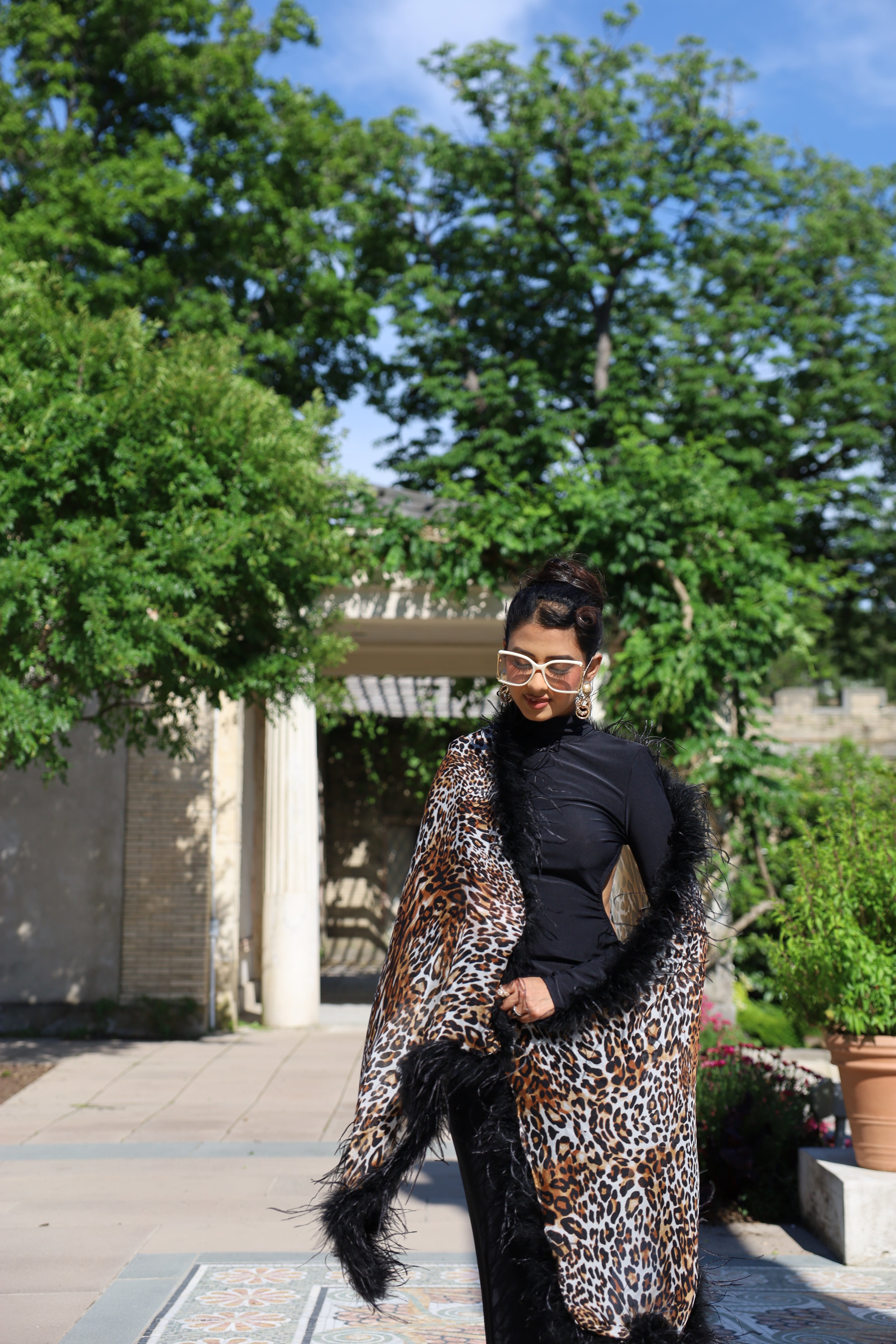 Unique sheer silk leopard print shawl with XL ostrich feathers