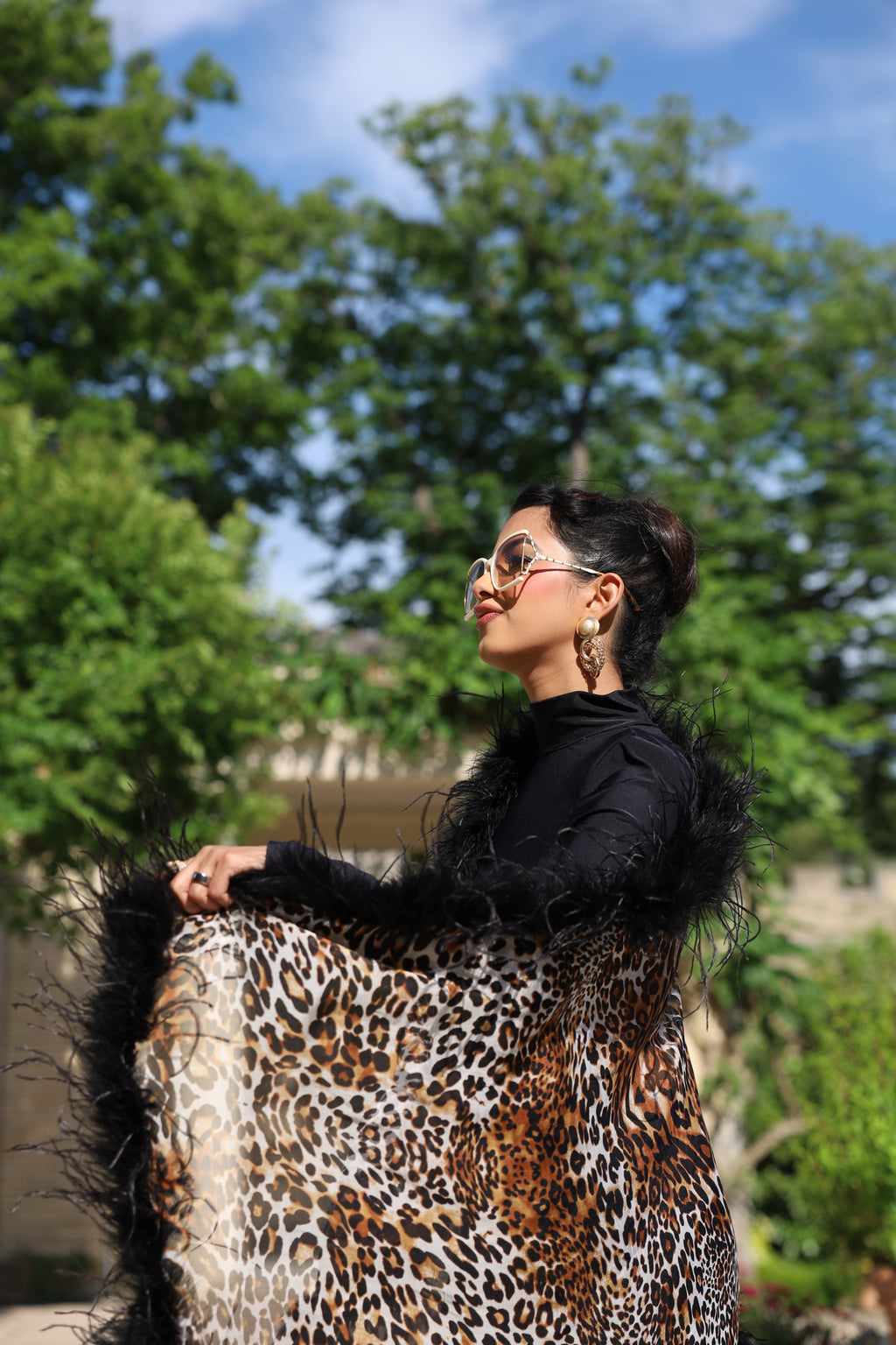 Unique sheer silk leopard print shawl with XL ostrich feathers