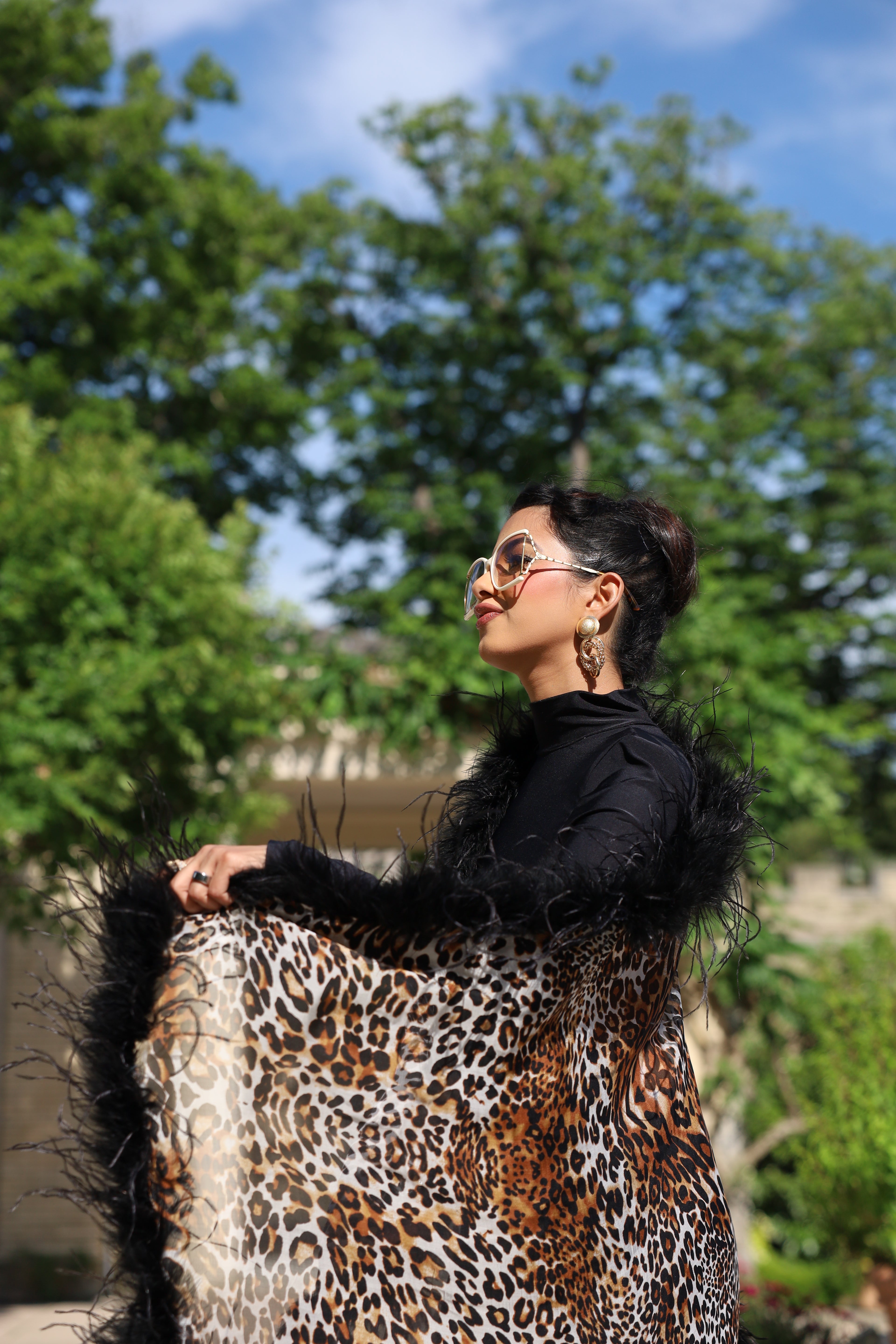 Unique sheer silk leopard print shawl with XL ostrich feathers