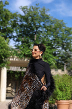 Unique sheer silk leopard print shawl with XL ostrich feathers