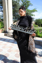 Unique sheer silk leopard print shawl with XL ostrich feathers