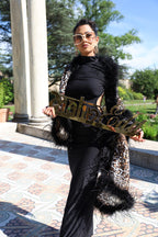 Unique sheer silk leopard print shawl with XL ostrich feathers
