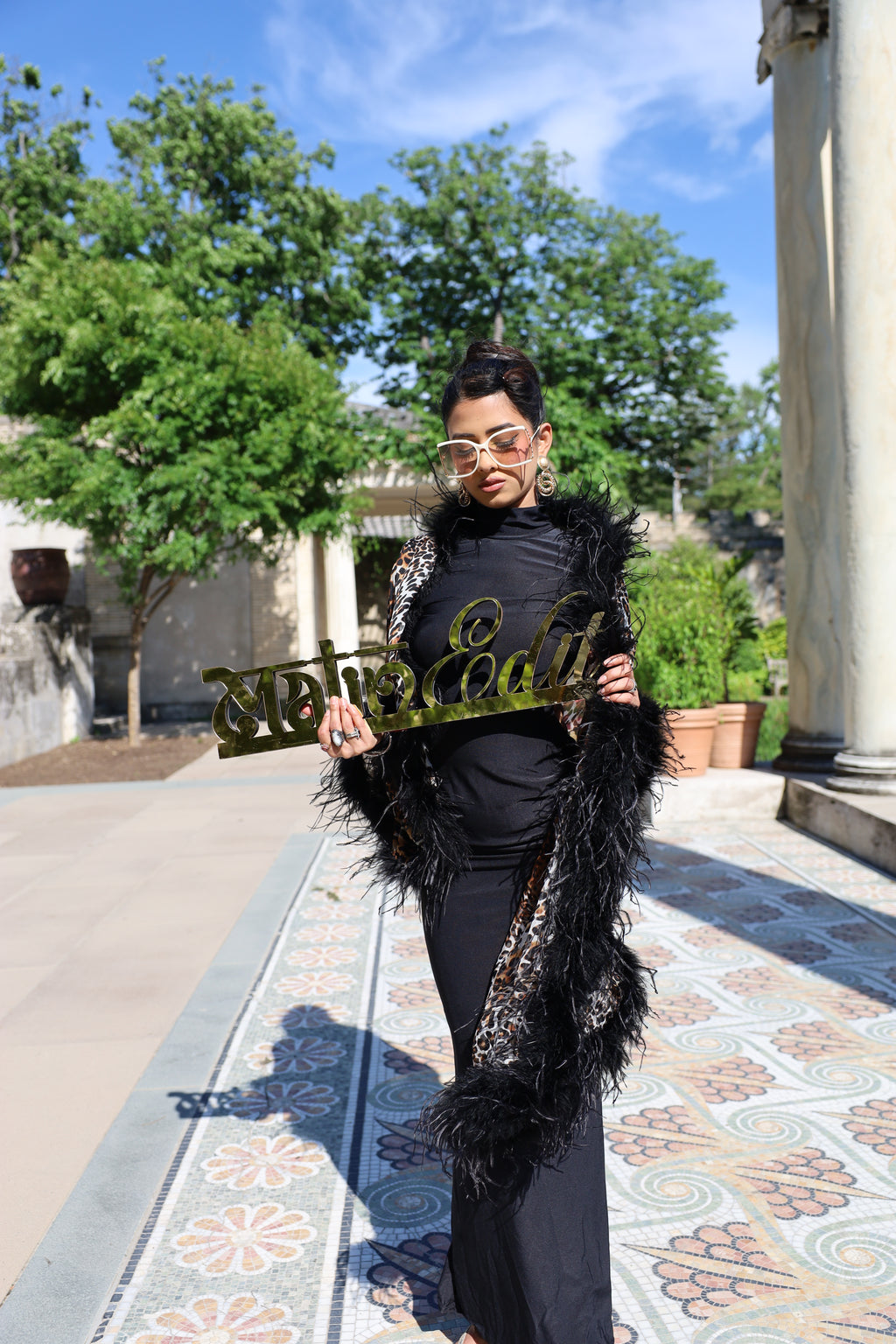 Unique sheer silk leopard print shawl with XL ostrich feathers