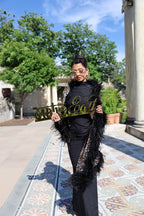 Unique sheer silk leopard print shawl with XL ostrich feathers