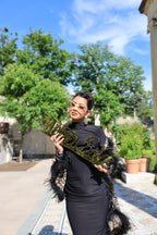 Unique sheer silk leopard print shawl with XL ostrich feathers