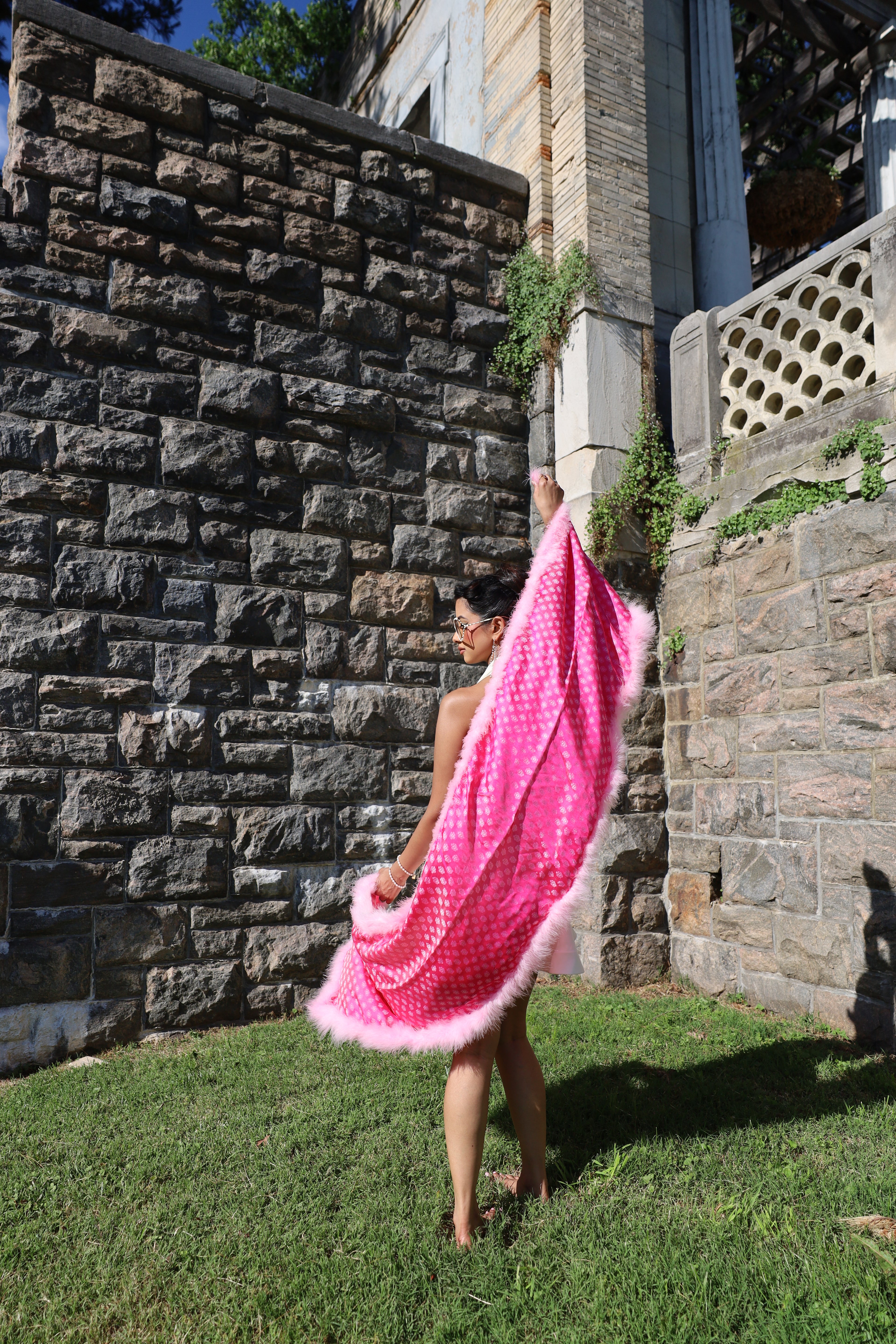 Print silk shawl with marabou feathers