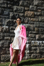 Print silk shawl with marabou feathers