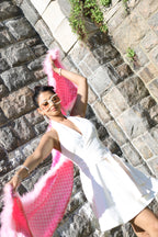 Print silk shawl with marabou feathers