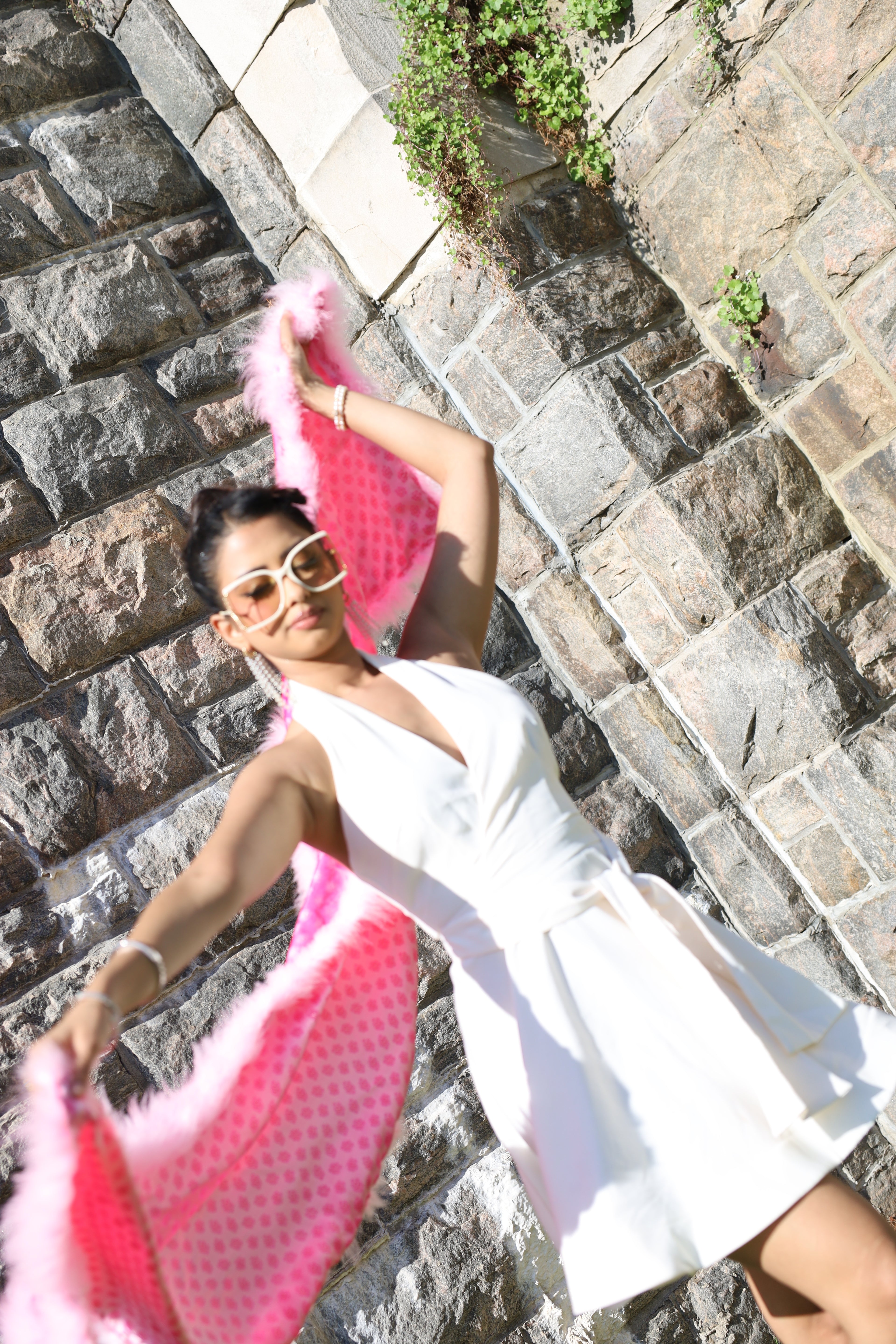 Print silk shawl with marabou feathers