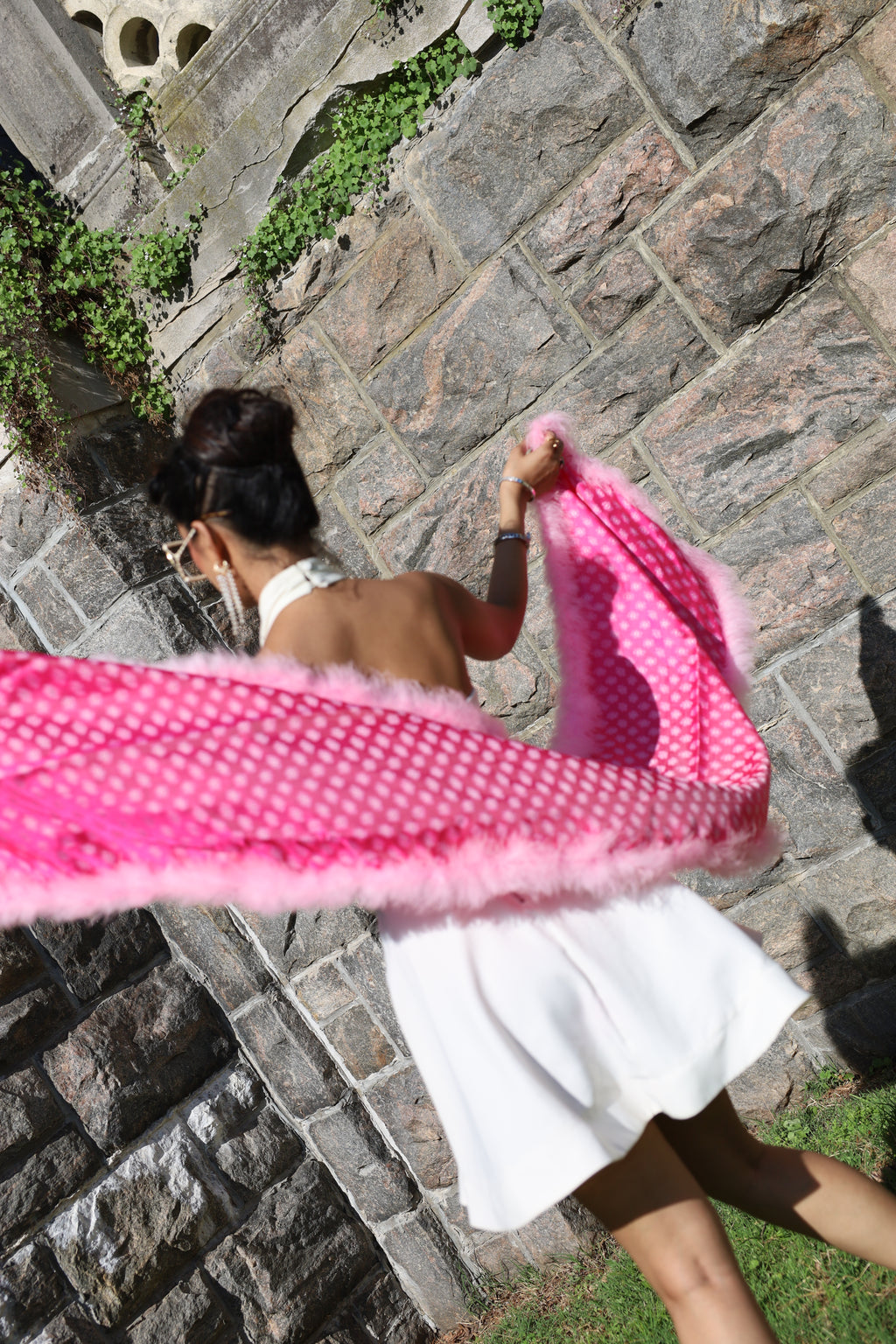 Print silk shawl with marabou feathers